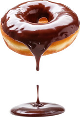 Chocolate donut doughnut flying melted liquid isolated cutout on transparent background. Mockup advertisement. product presentation.