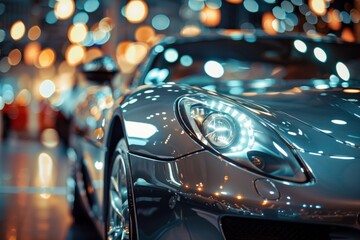Luxury cars display in a high-end showroom with light bokeh effect.