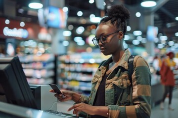 Confident woman using credit card for payment at bustling supermarket. - obrazy, fototapety, plakaty