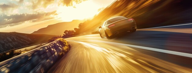 Speeding Sports Car on Highway at Sunset