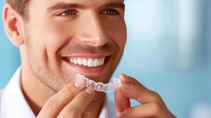 Young Caucasian man inserting a dental aligner. Close-up view. Making strides towards a stunning, aligned smile. - Powered by Adobe