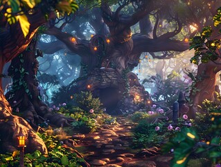 Enchanted Woodland A 3D Illustrated Fantasy Scene, To provide an escapist and imaginative scene for use in advertising, book covers, or editorial