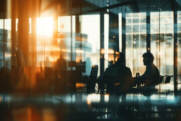 Corporate Discussion. Silhouettes of people in a glass-walled office space discussing, with a bustling workplace environment in the background.