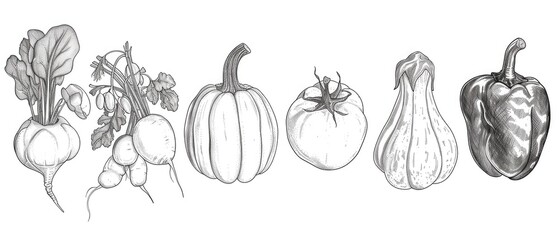 Hand-Sketched Vegetable Collection in Monochrome
