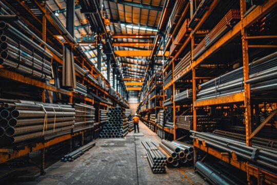 Organized steel warehouse with workers and industrial lighting.