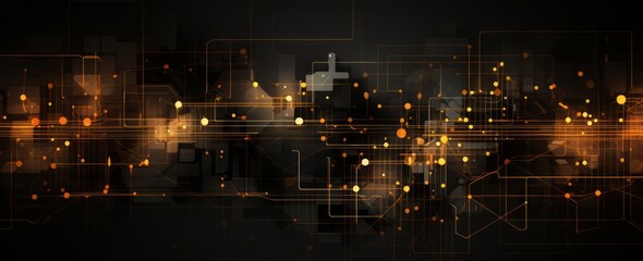 A dark background with glowing yellow and orange circuit lines connecting to various parts of the scene, representing data flow through an artificial intelligence network. The image is centered on one