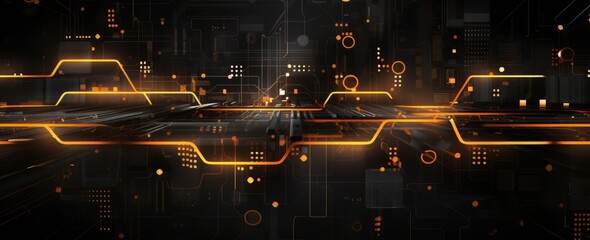 A dark background with glowing yellow and orange circuit lines connecting to various parts of the scene, representing data flow through an artificial intelligence network. The image is centered on one