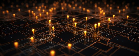 A dark background with glowing yellow and orange circuit lines connecting to various parts of the scene, representing data flow through an artificial intelligence network. The image is centered on one