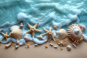 Fototapeta na wymiar Starfish, Shells, and Waves Caressing the Sandy Shoreline