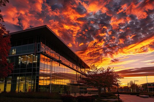 Modern corporate office building against vibrant sunset representing business success.