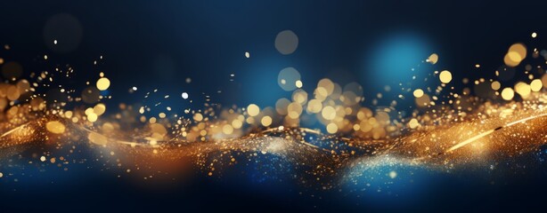 Abstract background with bokeh lights and glitter, in the style of blue and gold colors. Abstract light effects on a dark blurred background. A New Year concept. 8k, a real photo, high resolution, ult - obrazy, fototapety, plakaty