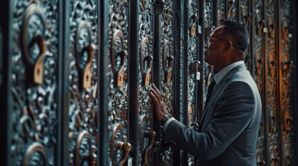 Businessman facing challenges - Perplexed man in suit contemplating locked doors, symbolizing obstacles in business world. - obrazy, fototapety, plakaty