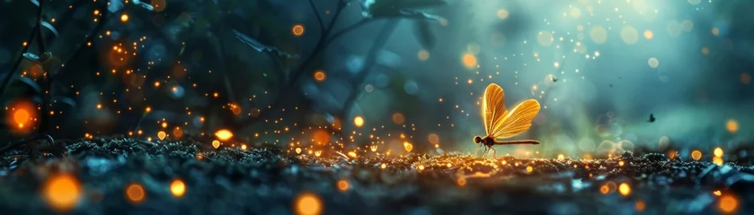 Fotobehang Enchanted forest glows as Fireflies dance, weaving a fairy tale tapestry in the moonlit night. © Kwanruethai