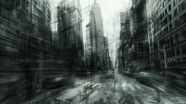 Charcoal sketch depicting dynamic evolution of urban landscapes with towering skyscrapers.