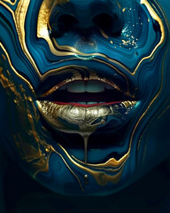 Naklejka premium Contemporary abstract art. Juicy female lips in the center of the frame. Dark paint with liquid gold flows from the face. Close-up