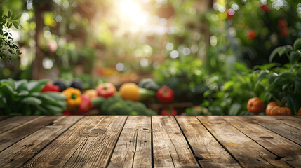 Wooden table top on blur plant vegatable or fruit organic farm background