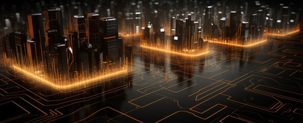 A dark background with glowing yellow and orange circuit lines connecting to various parts of the scene, representing data flow through an artificial intelligence network. The image is centered on one
