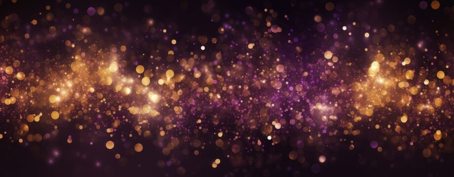 Abstract background with bokeh lights and glitter, in the style of purple and gold colors. Abstract light effects on a dark blurred background. A New Year concept. 8k, a real photo, high resolution, u