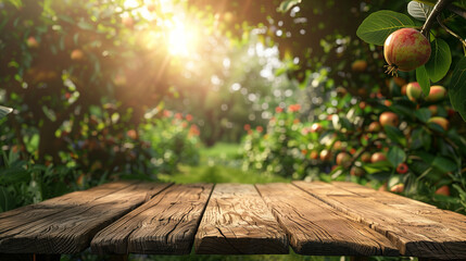 Wooden table top on blur plant vegatable or fruit organic farm background