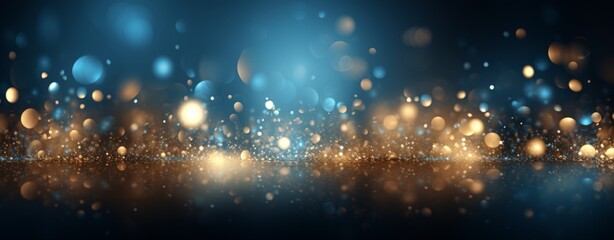 Abstract background with bokeh lights and glitter, in the style of blue and gold colors. Abstract light effects on a dark blurred background. A New Year concept. 8k, a real photo, high resolution, ult