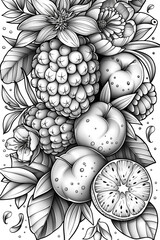Coloring book flowers fruit pinepple doodle style black outline. line art floral black and white background