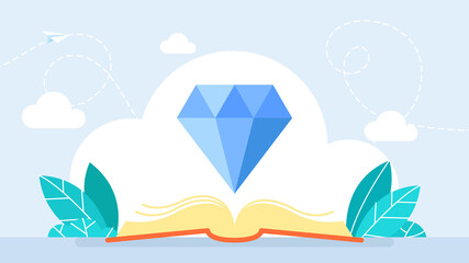 Finding valuable diamond inside book. Concept of learning, reading, skill, development. Self-discovery, finding yourself searching for self value, success dream, meaning of life. Flat illustration - obrazy, fototapety, plakaty