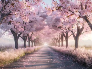 Serene Cherry Blossom Avenue in Spring, To convey a peaceful, beautiful springtime scene for desktop wallpapers, design inspiration, or evoking a