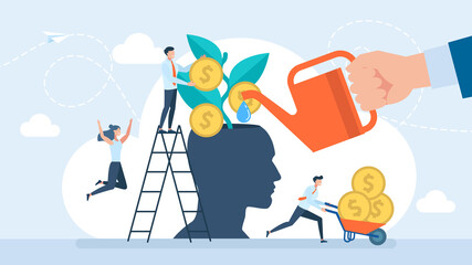 A businessman hand watering a money tree growing inside an investor head. Financial mindset for investor to growing profit, rich mindset or knowledge to grow business. Flat illustration