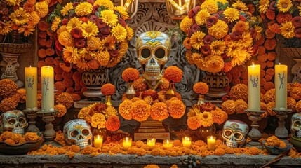 Vibrant Dia de los Muertos banner with intricate sugar skulls and marigold flowers.