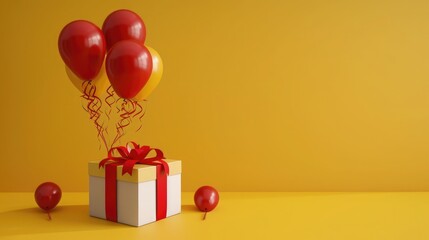 Gifts and balloons with yellow background, 3d rendering. Computer digital drawing. .