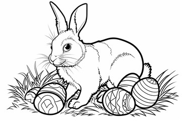 fluffy rabbit on the lawn with Easter eggs , coloring book for kids