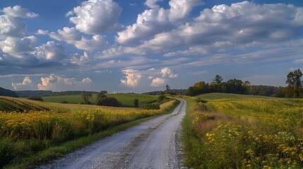 Idyllic Back Road in West Virginia Amid Golden Fields and Blue Sky, To convey a sense of peace, tranquility, and the beauty of rural America - obrazy, fototapety, plakaty