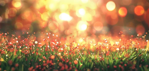 Foto op Canvas Sunlit Dew Drops on Vibrant Green Grass © evening_tao