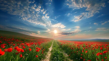 Bright Sun Shines on Luscious Poppy Field Path