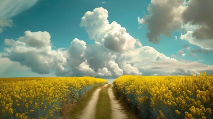 Dirt Road Amidst Yellow Flowers Field with Clouds Filled Sky - Hope and New Beginnings - Powered by Adobe