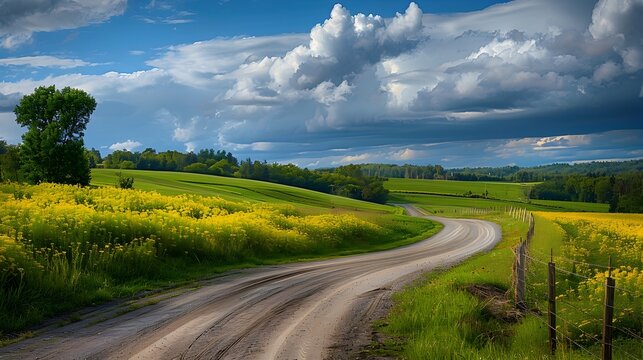 Winding Country Road through Goldenrod Fields and Dramatic Skies, To showcase the beauty of the countryside and inspire feelings of peace and