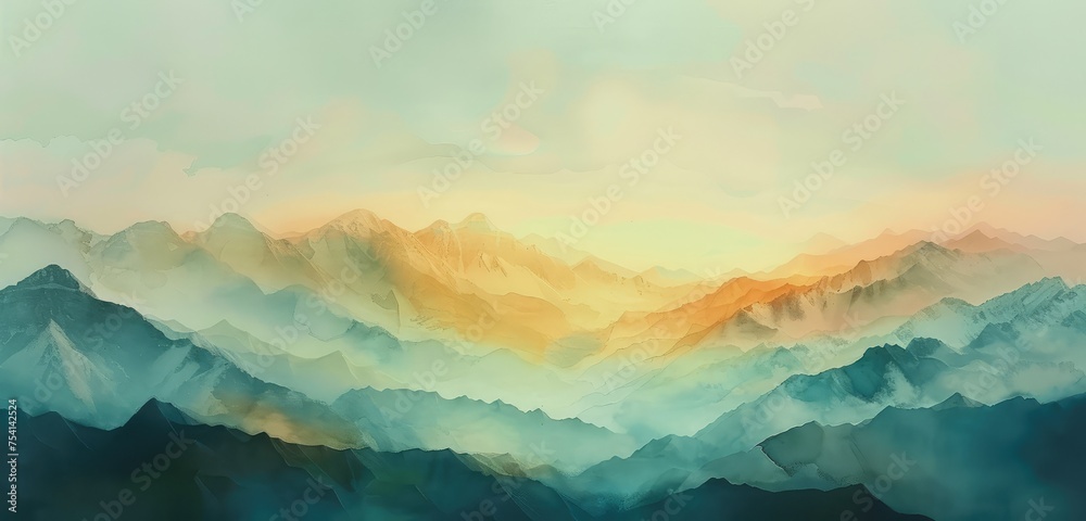 Wall mural Serene Dawn Over Misty Mountain Ranges