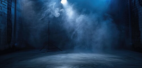 Mysterious Stage with Blue Spotlight and Fog