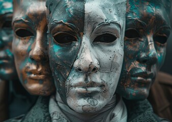 A close-up of worn and textured metallic masks with turquoise patina, conveying mystery and art.