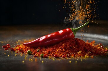 Fresh and dry chilli pepper. Chili powder in wooden bowl with raw pepper on dark background