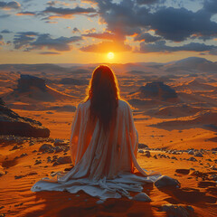 emotional balance - a young woman meditating in a lonely desert landscape with a calming wellness rhythm