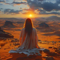 Wandcirkels tuinposter emotional balance - a young woman meditating in a lonely desert landscape with a calming wellness rhythm © Riverland Studio