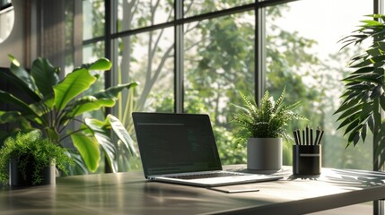 Modern home office setup with laptop on wooden desk, surrounded by indoor plants and natural...