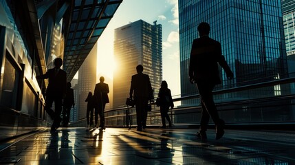 Corporate team walking through modern city environment with high-rise buildings gleaming in sunlight, reflecting dynamic nature of urban business life. Professionalism and corporat - obrazy, fototapety, plakaty