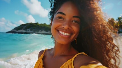 Young woman enjoying vacation taking selfie on tropical beach with clear blue sky and lush island in background. Summer travel and leisure. - obrazy, fototapety, plakaty