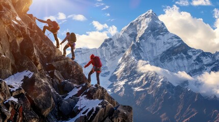 Group of mountaineers climbing challenging peak with safety gear, displaying teamwork and determination with breathtaking mountain view in background. Adventure and exploration.