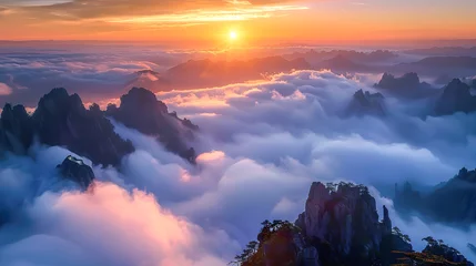 Deurstickers The ethereal beauty of china mountains landscape, is immersed in a captivating sea of clouds. The mystical atmosphere transforms the landscape into an enchanting wonderland © JetHuynh