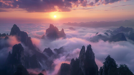 The ethereal beauty of china mountains landscape, is immersed in a captivating sea of clouds. The mystical atmosphere transforms the landscape into an enchanting wonderland