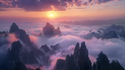 Fotobehang The ethereal beauty of china mountains landscape, is immersed in a captivating sea of clouds. The mystical atmosphere transforms the landscape into an enchanting wonderland © JetHuynh
