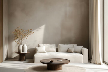 Looks like a minimalist living room with a brown theme. The elegant textured walls contain a sofa, coffee table and side table